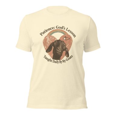 Patience: God's Lesson Tee Light beige t-shirt with a graphic of a bear and the text "Pawtucket Golf's Lesson."